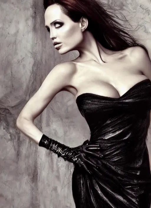 Image similar to Very beautiful woman, dark art, Angela Jolie's facial features, beautiful black dress, wings behind her back and shining eyes