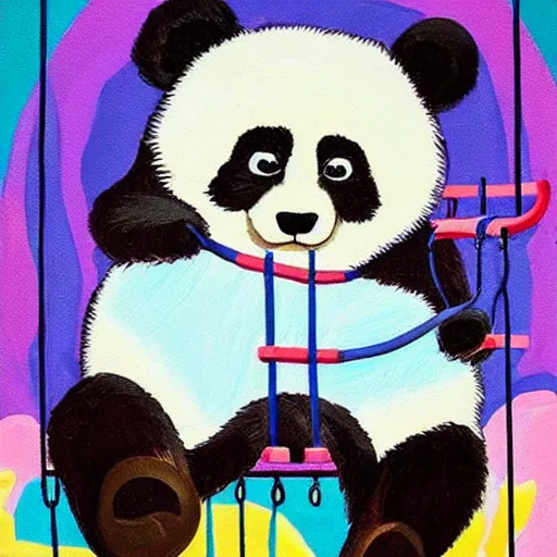 Prompt: beautiful and adorable and cute acrylic! impasto! painting of a sad, crying panda bear on a playground swing. by jeremiah ketner and studio ghibli