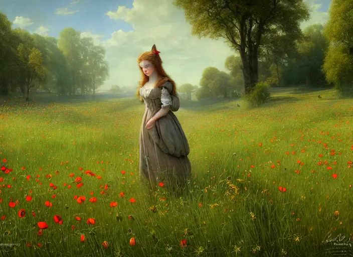 Prompt: the cat in the meadow from flowers : dandelions, poppy, tulip, chamomile, hyperrealism, no blur, 4 k resolution, ultra detailed, style of ivan shishkin, tyler edlin, tom bagshaw, arthur rackham,