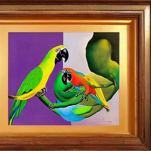 Image similar to A picture of happy parrots with big ears, painted by salvador dali