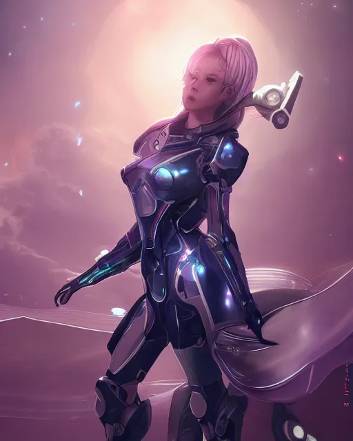 Image similar to perfect android girl on a mothership, warframe armor, beautiful face, scifi, futuristic, galaxy, nebula, bae suzy, dreamy, long white hair, blue cyborg eyes, sharp focus, cinematic lighting, highly detailed, artstation, divine, by gauthier leblanc, kazuya takahashi, huifeng huang