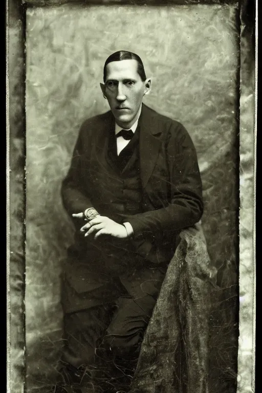 Prompt: a dark, monochrome, glass negative, silver gelatine realistic, supersharp, supersharp, realistic, photographic portrait of h. p. lovecraft, tentacles in background, shallow depth of field, by edward c. curtis