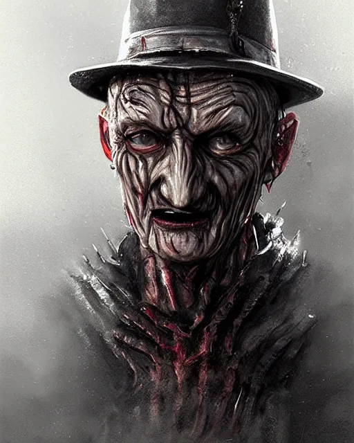 Image similar to demonic, sly, cunning, rugged robert englund as freddy krueger, face centered portrait, confident, dreamworld, boiler room, fog, rain, volumetric lighting, realistic illustration, perfectly shaded, soft painting, art by krenz cushart and wenjun lin