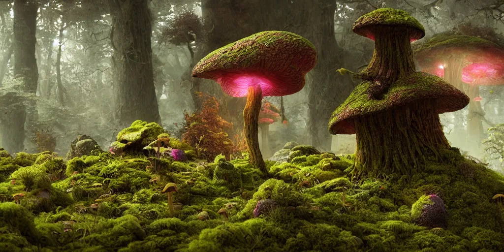 Prompt: organic mushroom lichen moss monster, pink gold and green colour scheme, in the style of patrick woodroffe, dramatic lighting, 8k octane unreal render