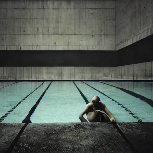 Prompt: empty swimming pool, dark, moody, foggy, liminal, made by Sean Yoro, Zhang Kechun and Chie Yoshii, washed colors, high details, realistic