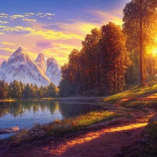 Image similar to a masterpiece detailed beautiful landscape of russian village, trees, lake, mountains, golden hour, sunset, by Makoto Shinkai and Ivan Shishkin