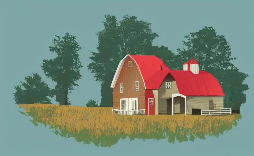 Prompt: farm house, vector, storybook, muted colors, gouache, flat poster, sharp edges, print