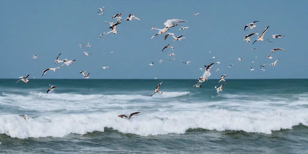 Image similar to seagulls flying above a rough surf