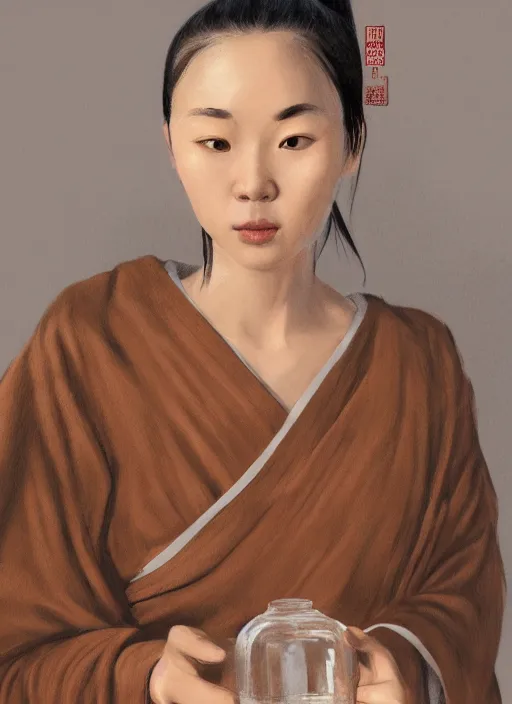Prompt: full portrait of a female monk drinking a jar of baijiu by wlop, wuxia, xianxia, drunken boxing, drunken fist, drunken master, weathered olive skin, athletic, playful, fully clothed, monk's robe, baijiu, clay jar, detailed, realistic, anatomically accurate, fantasy illustration, artstation, wlop.