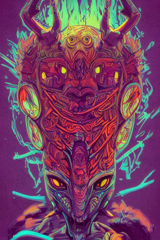 Image similar to totem animal tribal chaman vodoo mask feather gemstone plant wood rock video game illustration vivid color borderlands by josan gonzales and dan mumford radiating a glowing aura