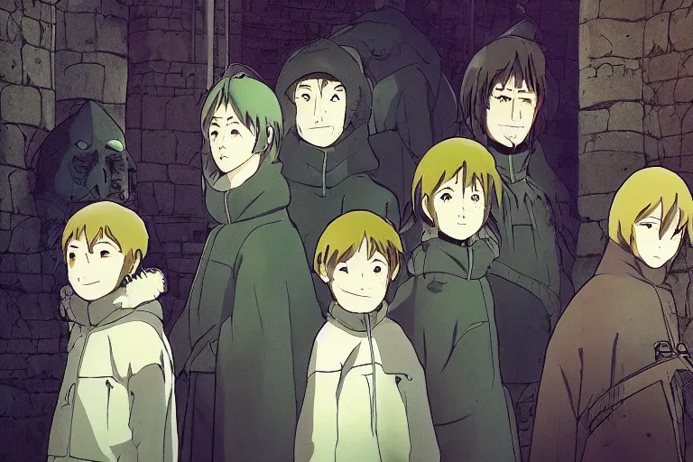 Prompt: cell shaded anime key visual of a group of eskimos in an underground gothic cathedral in the style of studio ghibli, moebius, makoto shinkai, dramatic lighting