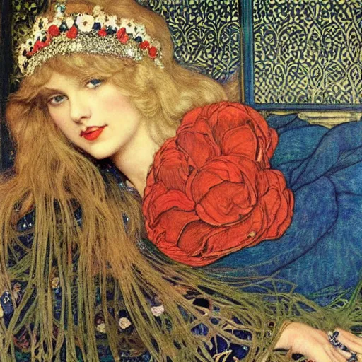 Image similar to taylor swift is a beautiful blonde young woman wearing an elaborate jeweled headdress with poppies dreamlike portrait by frank cadogan cowper, carlos schwabe, william morris, edmund dulac, and alphonse mucha, beautiful refined hyperdetailed dreamscape