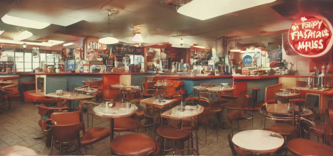 Prompt: !dream daleks inside a vintage fast food restaurant, serving food, hamburgers and soda, happy family, kodak Ektachrome 10, 15mm wide angle close up