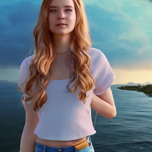 Image similar to a very beautiful girl, full body, long wavy blond hair, sky blue eyes, full round face, short smile, cute top, short jeans, summer lake setting, cinematic lightning, medium shot, mid-shot, highly detailed, trending on Artstation, Unreal Engine 4k, cinematic wallpaper by Stanley Artgerm Lau, WLOP, Rossdraws, James Jean, Andrei Riabovitchev, Marc Simonetti, and Sakimichan