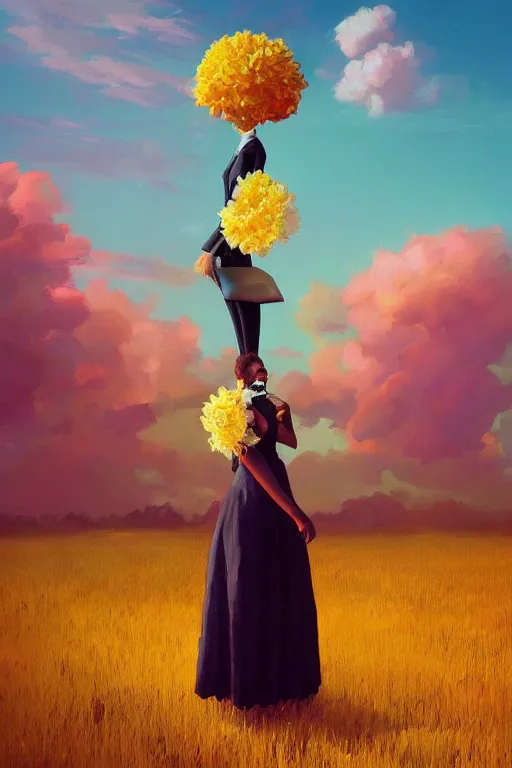 Image similar to portrait, giant flower as head, black woman in suit, surreal photography, golden hour, colorful clouds, impressionist painting, digital painting, artstation, simon stalenhag