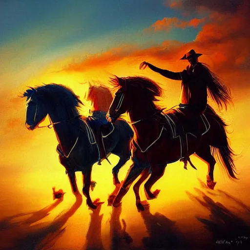 Prompt: a beautiful painting of ghost riders in the sky, sunset, by wlop, tooth wu and charlie russell, autumn