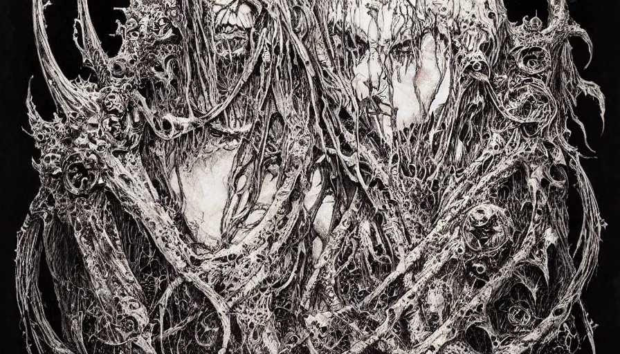 Image similar to Scorn themed drawing of unholy darkness black metal logo concept, intricate artwork by H.R. Giger, Johnatan Wayshak, Zdizslaw Beksinski, Ayami Kojima, Amano, Karol Bak, Moebius, and Mark Brooks, Neo-Gothic, gothic, rich deep colors, art by Takato Yamamoto, masterpiece, face by Artgerm, very coherent artwork, cinematic, hyper realism, high detail, octane render, unreal engine, 8k, High contrast, golden ratio, trending on cgsociety