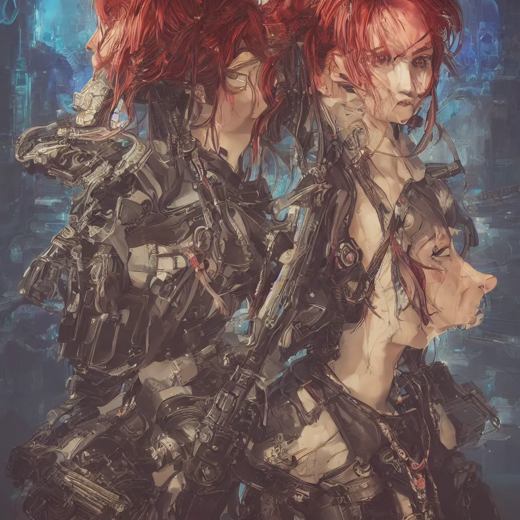 Image similar to the portrait of lcyberpunk cat - colorful female infantry gunner as absurdly beautiful, gorgeous, elegant, young anime girl, an ultrafine hyperdetailed illustration by caspar david friedrich, irakli nadar, intricate linework, bright colors, octopath traveler, final fantasy, unreal engine 5 highly rendered, global illumination, radiant light, detailed and intricate environment