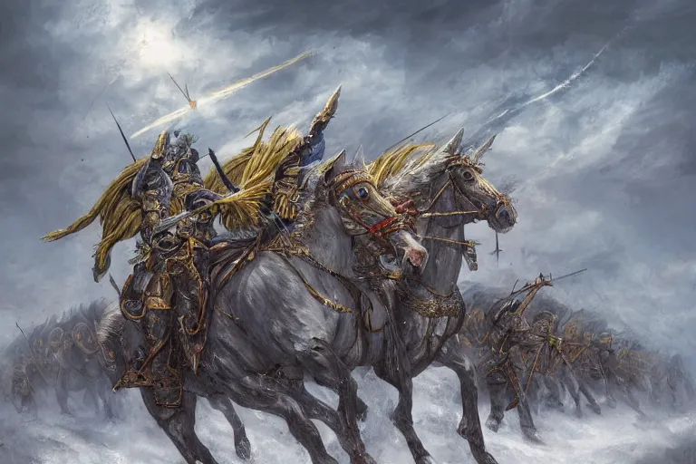 Image similar to Majestic powerfull big white wings Winged Hussars cavalry horde charging at ugly colour demons and trolls on ground, huge golden cross above them on the sky, wings lightning bright from heavens, blood, snow, wide angle, thunders, magic, dramatic lighting, intricate, wild, highly detailed, digital painting, artstation, concept art, smooth, sharp focus, illustration, art by artgerm and greg rutkowski and alphonse mucha, footage from space camera