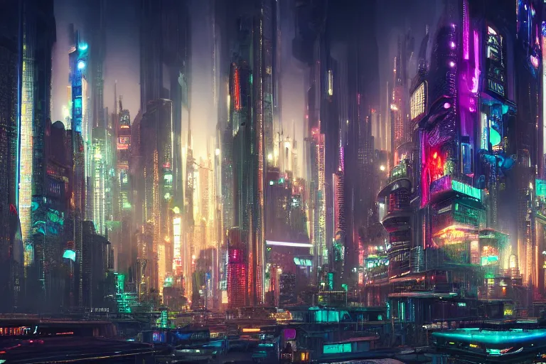 Image similar to photograph of a cyberpunk city by marc adamus, futuristic, hd, 8 k, trending on pexels, detailed shot, sharp focus