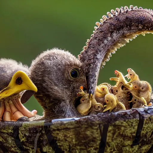 Image similar to Cuckoo chicks in nest being fed by an octopus national geographic photography