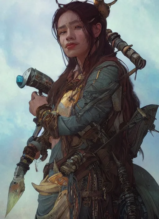 Image similar to hyper realistic photography portrait of postapocalyptic medieval religious occult asian tribal amazon cinematic, brom, mucha, moebius juan gimenez artstation, cgsociety