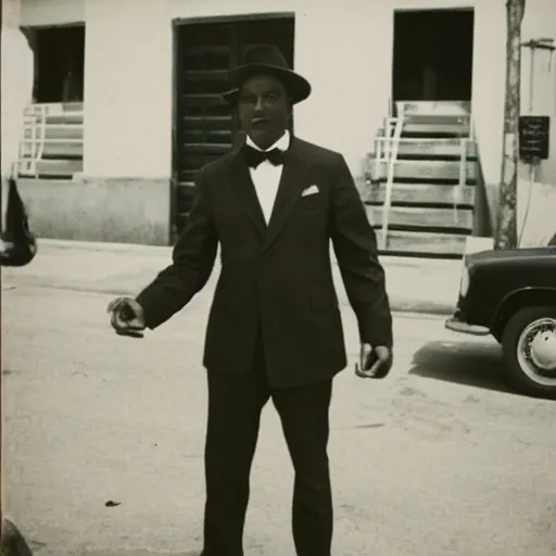 Image similar to vintage photo of a black man wearing a black suit in rio de janeiro