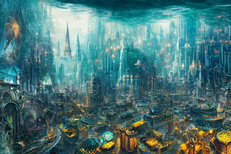 Prompt: an epic landscape view of a vast underwater metropolis, with glowing windows, towers, spires, parapets, balconies, bridges, glass, crystal, filled with colorful fish and sea creatures, painted by bradley noah, close - up, low angle, wide angle, atmospheric, volumetric lighting, cinematic concept art, very realistic, highly detailed digital art