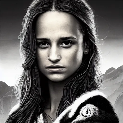 Prompt: alicia vikander. faces the sun. watches sunset. perfect anatomy. meticulous detail. black and white, highly detailed, smooth, sharp focus, chiaroscuro, manga illustration, artgerm, greg rutkowski, alphonse mucha, young adult light novel cover art