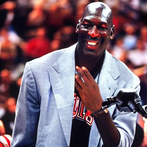 Prompt: Michael Jordan holds a mic at Jordan, highly detailed, photo realistic