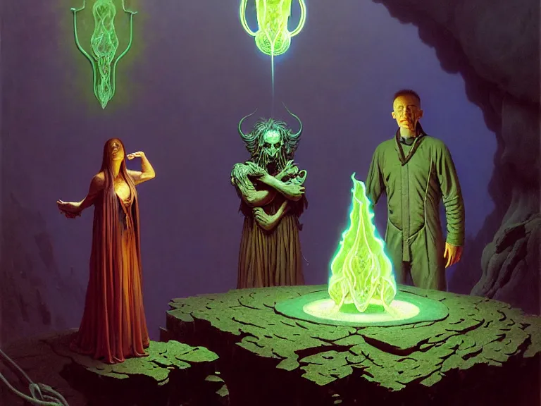Image similar to the female arcanist and the male artificer by albert bierstadt and gerald brom and zdzisław beksinski and james gilleard and wayne barlowe and marc simonetti, highly detailed, hyperrealistic, intricate, floating metallic objects, energy, electricity, blue flames, low light, glowing green crystals, high contrast