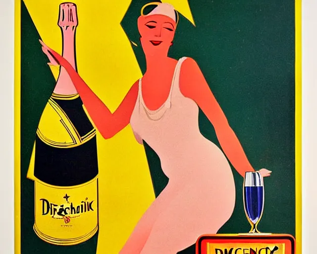 Image similar to art deco tin poster, dancer, melchizedek champagne bottle. cheerful, bright