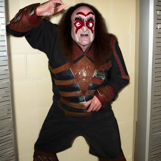 Image similar to The character known as Gowron the Klingon, in full Klingon theatrical makeup and Klingon uniform standing in a dingy gas station bathroom stall near the toilet, kneeling and looking at a small hole carved into the stall wall