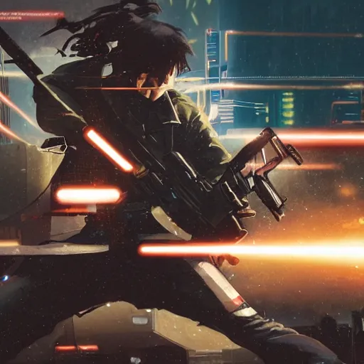 Image similar to close up illustration of a cyberpunk gunslinger pointing his gun shooting bullets, gungrave, anime, tri - gun, poster, very detailed, 8 k, by greg rutkowski,