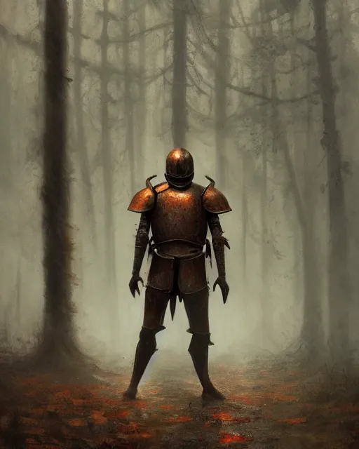 Image similar to Hyper realistic painting of a knight in full plate armor that has completely turned to rust, hyper detailed, surrounded by a dark forest, fog, moody, creepy, cinematic lighting, by greg rutkowski, trending on artstation