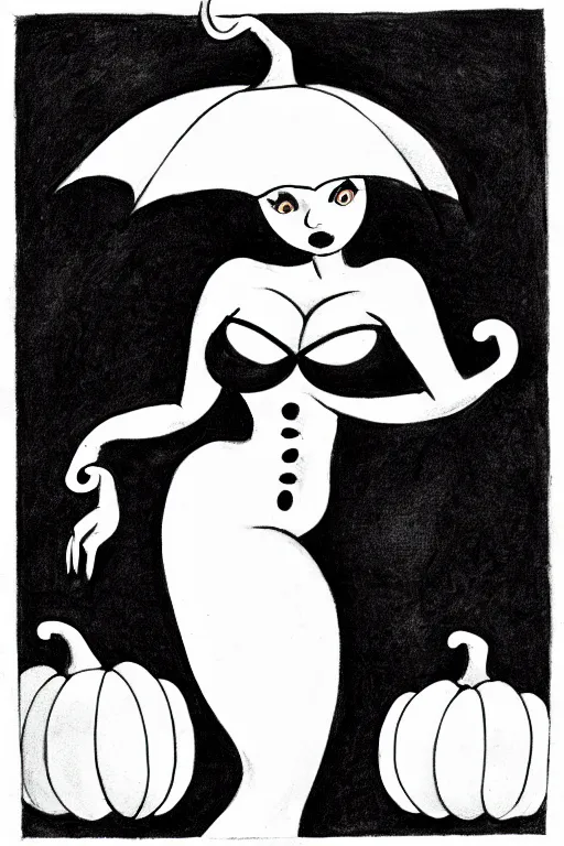 Image similar to black and white ink drawing of a beautiful curvy woman in short gothic skirt holding an umbrella next to a pumpkin by tim burton and edward gory