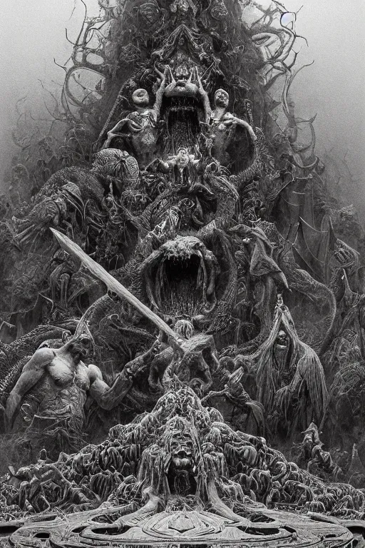 Prompt: occult demon worship scene in hell, intricate detailed painting movie poster, golden ratio, trending on cgsociety, majestic, dark epic fantasy, trending on artstation, by Zdizslaw Beksinski, Darius Zawadzki and Gustave Dore, highly detailed, vibrant, cinematic quality character render; low angle; ultra high quality model; production quality cinema model