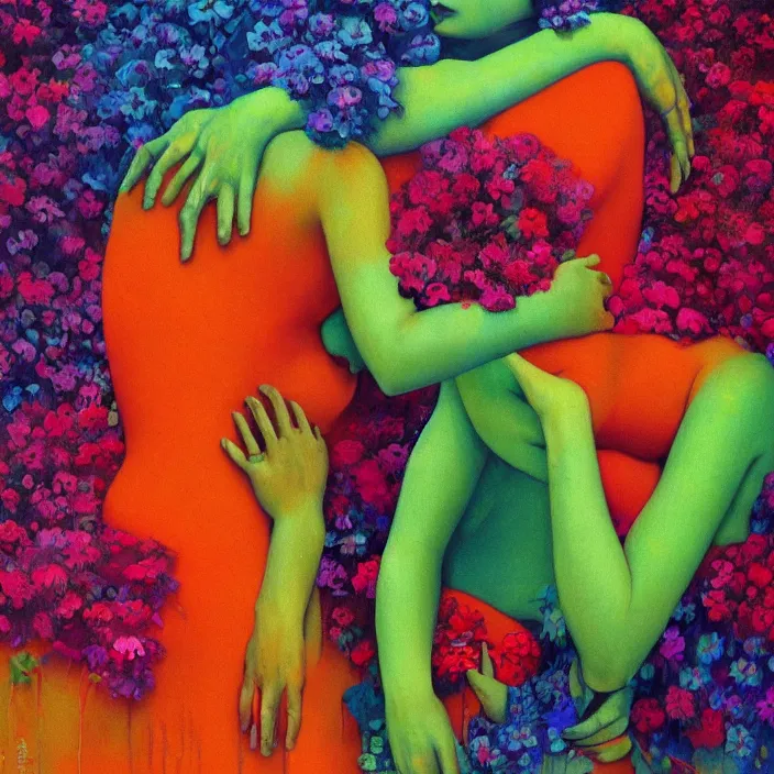 Image similar to portrait of women hugging made of colorful rainbow fractal flowers hugging Edward Hopper and James Gilleard, Zdzislaw Beksinski, highly detailed