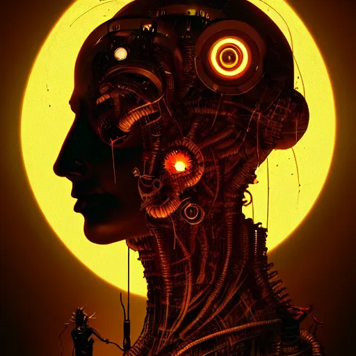 Prompt: dark scifi illustration 3 / 4 portrait of a cyborg reading necronomicon. cinematic lighting mad scientist style. golden ratio accidental renaissance. in the style of dave mckean. graffiti art, scifi, fantasy, hyper detailed. octane render. concept art. trending on artstation