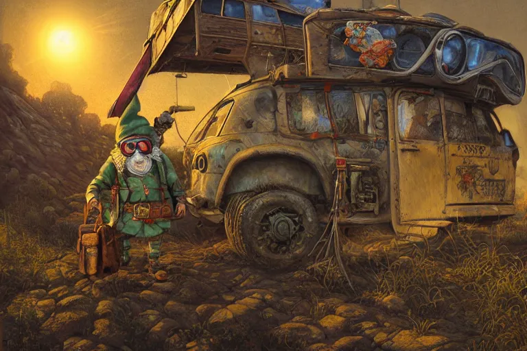 Image similar to a highly detailed garden gnome wearing goggles and head scarf holding onto the side of a caravan as its speeding down the highway, hopeless wasteland background with a relentless raging sun overhead, post - apocalyptic road warrior vibe, full body, wide angle, an ultrafine detailed painting by p. craig russell and barry windsor - smith, trending on deviantart, octane, masterpiece