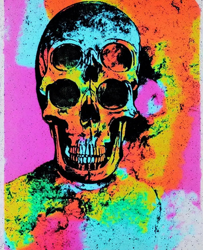 Prompt: a rainbow skull thinking in an astronaut suit, 3 d hd andy warhol vintage style, brutalist primitivism expressionism, texture emotion memento mori we all die, posterized, miniature effect diorama, 3 5 mm grainy film
