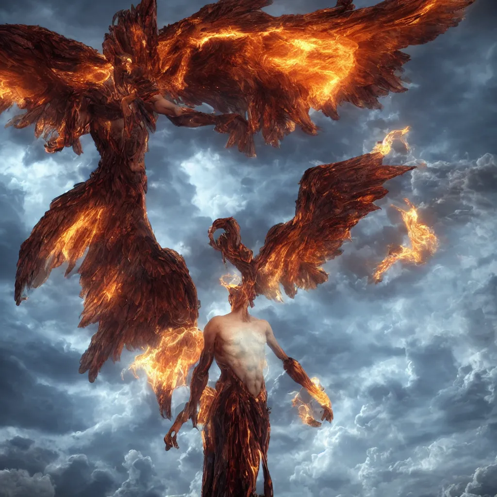 Image similar to a giant angel with many wings and eyes, fiery clouds, thunder, unreal engine, very detailed