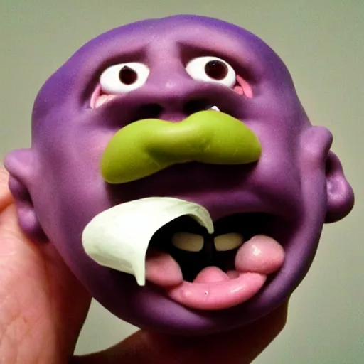 Image similar to tiny moustached homunculus with a huge mouth screaming and crying tiny little feet and purple skin, clay model