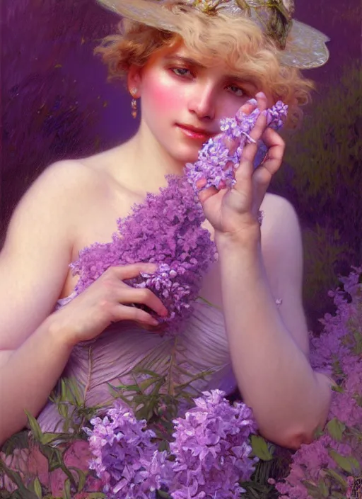 Image similar to lilac, sky, may beetle, on the palm of a person, natural lighting, path traced, highly detailed, high quality, digital painting, by gaston bussiere, craig mullins, alphonse mucha j. c. leyendecker