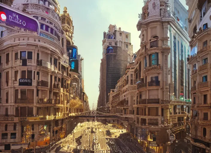 Image similar to Gran Vía from Madrid in the year 3000, futuristic city, award-winning photograph, 4k, HQ, artstation,