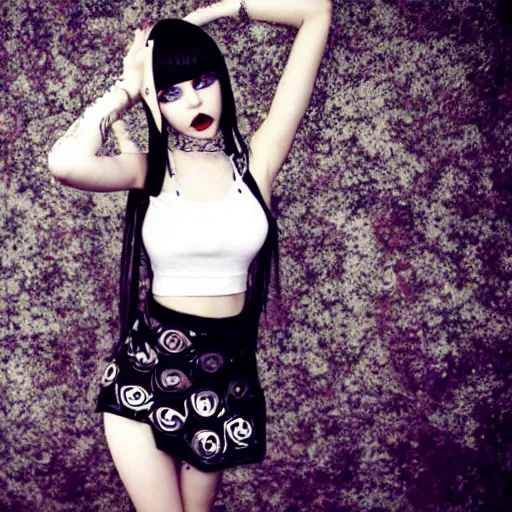 Image similar to kerli koiv goth girl in mini skirt and crop top, intricate, extremely detailed, modeling photography, teen