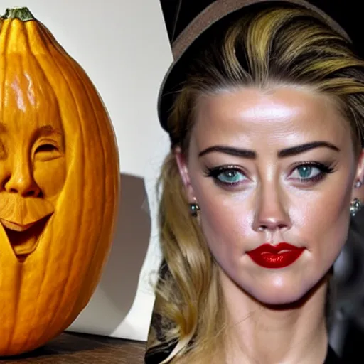 Image similar to a [ gourd ] carved shaped to look like ( amber heard face ) hybrid intercross