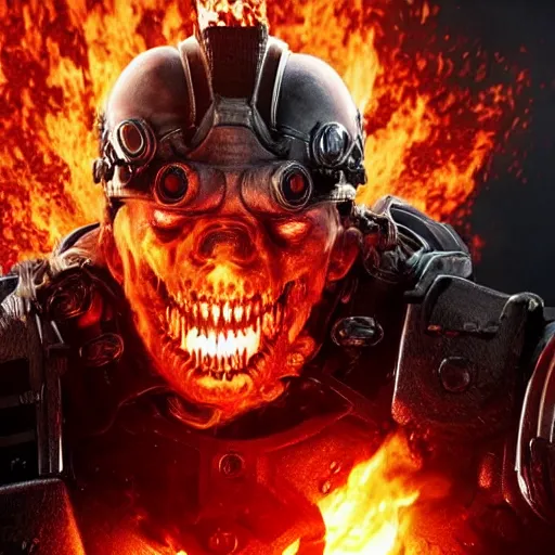 Image similar to Photo portrait of Donald Trump burning in hell!! in Gears of War, splash art, movie still, detailed face, photorealistic facial features, cinematic lighting, dramatic, octane render, long lens, shallow depth of field, bokeh, anamorphic lens flare, 8k, hyper detailed, 35mm film grain