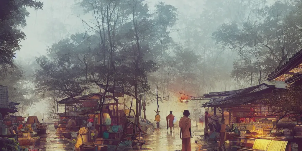 Image similar to a painting of a market in Japan, forest in the background, sea in the foreground, Painting by Walter Gilbert, painting by Marc simonetti, painting by Alex Grey, painting by Steve barns, painting by David alabo, painting by Peter Mohrbacher, first person view, mist, posthuman, urban city style, epic composition, luminous lines, luminous posters on the walls, atmospheric, soft Cinematic light, post-processing, hyperdetailed,, realism, realistic, detailed, high resolution, 8K, Octane Render