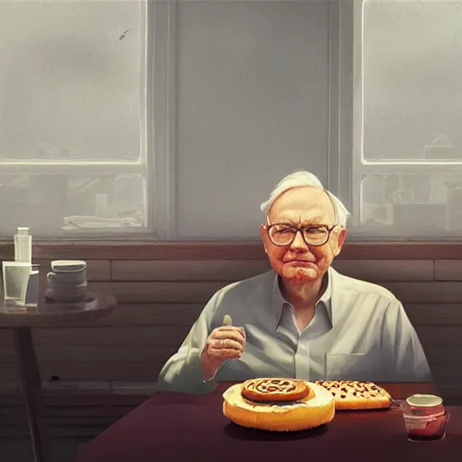 Image similar to portrait of warren buffett, sitting inside a mcdonalds, hamburger, exude an eternity, hyperrealistic, by beeple, greg rutkowski, caspar david friedrich, smooth, illustration, elegant, artstation, digital painting.